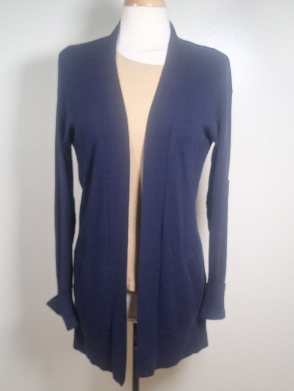 Theory 100% Cashmere Navy Blue Open Front Longline Cardigan Sweater Size Small